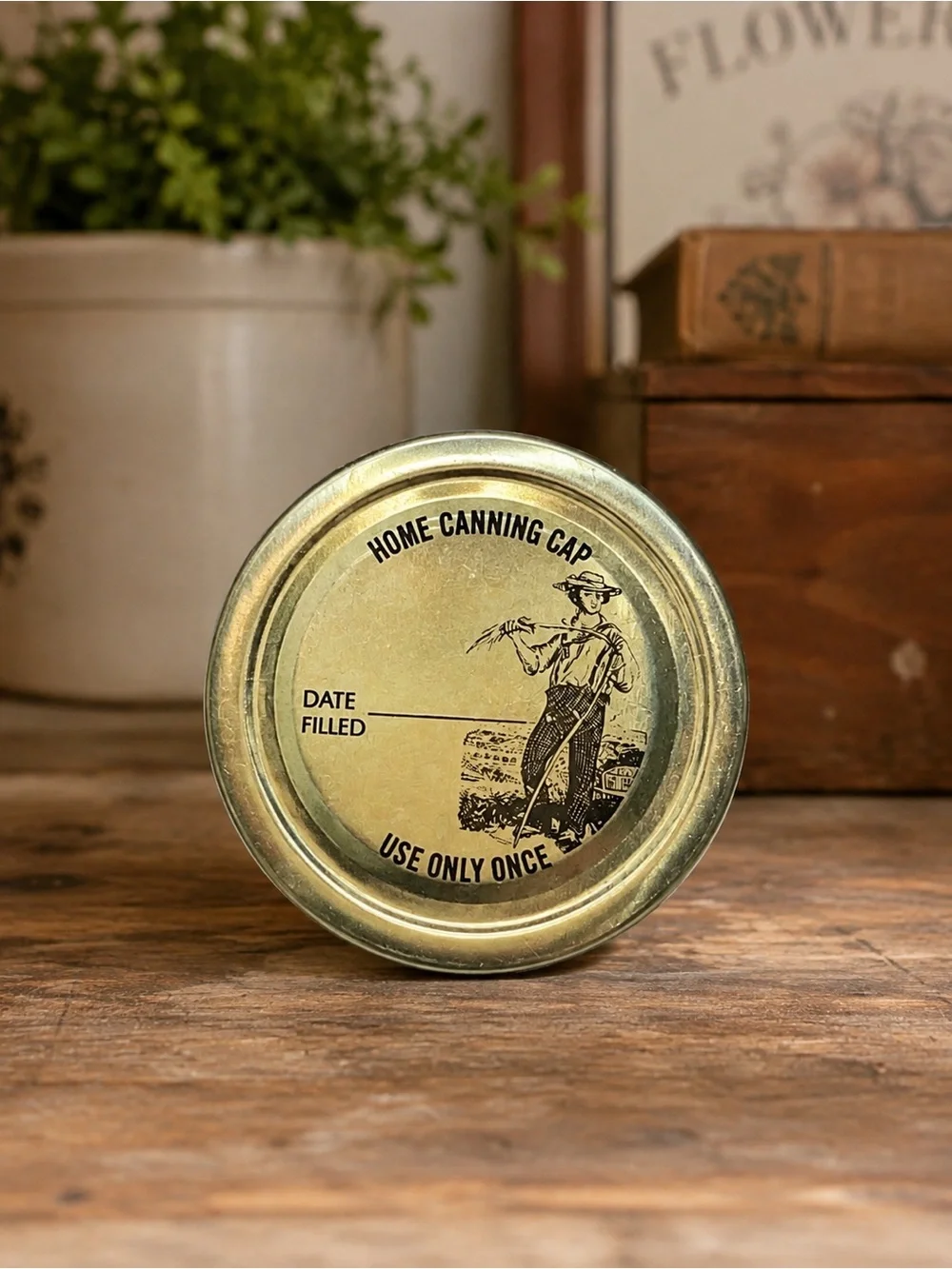 Vintage Anchor Hocking Home Canning Caps Lids Lot of 2 Gold Farmer